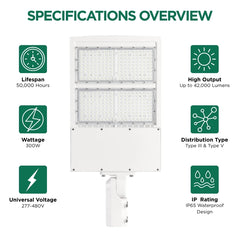 300W LED Parking Lot Light, 42,000 Lumens, 5000K Daylight, Type III/Type V Distribution, 277-480V, 1,000W Metal Halide Equivalent, Photocell Ready, 0-10V Dimmable, IP65 Waterproof, White Housing, UL & DLC Certified, 5-Year Warranty