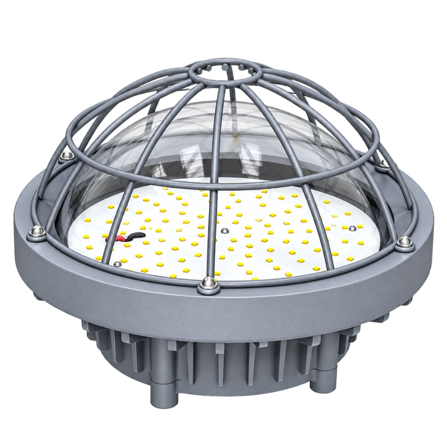 80W Round LED Explosion Proof Low Bay Light, Class I Division 2, Groups A/B/C/D, Class II Division 2, 5000K, 10,400 Lumens, 120-277V AC, 130LM/W, IP66, UL/CUL Listed, DLC Listed, 180° Beam Angle, Hazardous Location