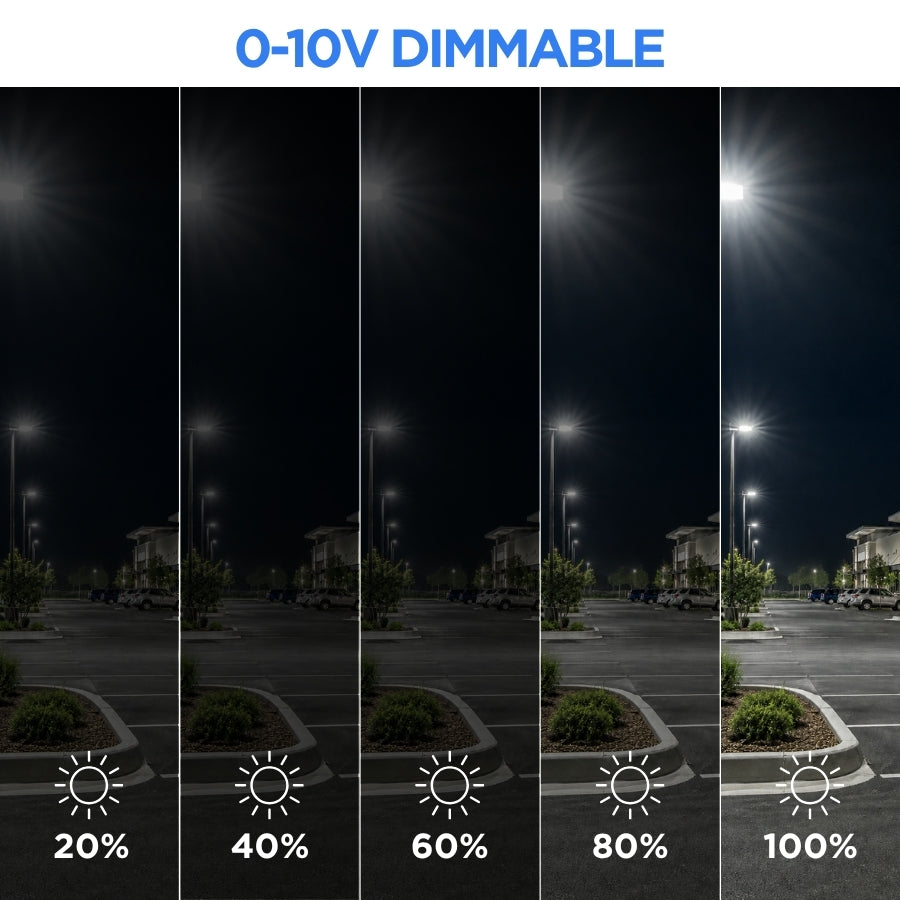 500W Max LED Shoebox Parking Lot Light, Up to 80,000 Lumens, 160 LM/W, 3000K/4000K/5000K CCT Selectable, Type III Distribution, 100-277V, 0-10V Dimmable, 1500W Metal Halide Equivalent, Bronze Housing, Slipfitter Mount, IP65, UL & DLC Certified