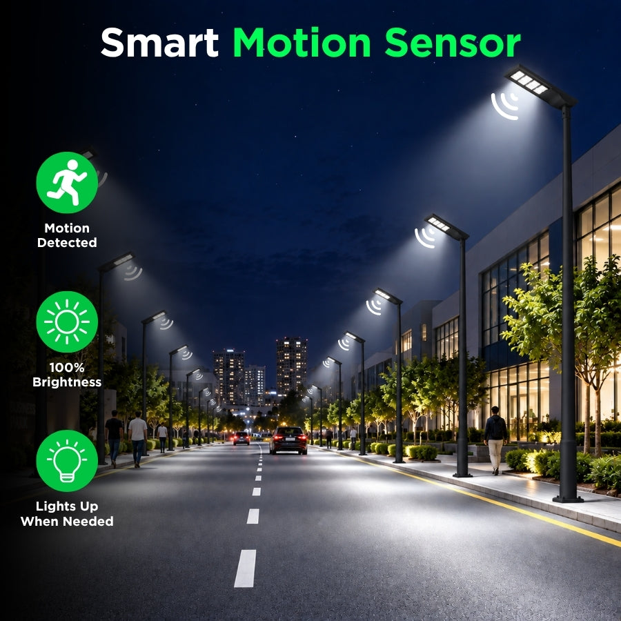 100W Solar LED Street Light, 10,000 Lumens, 5700K, LUXEON 3030 LEDs, 6V Monocrystalline Solar Panel, LiFePO4 Battery, Motion Sensor, Dusk-to-Dawn Light Control, 150°×65° Beam, IP66, Aluminum Housing, 60/76mm Pole Mount, 6-8M Mounting Height, Black
