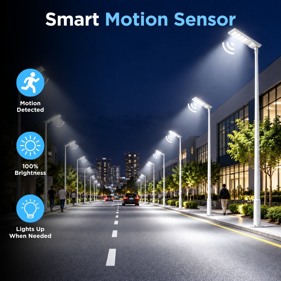 100W Solar LED Street Light, 10,000 Lumens, 5700K, LUXEON 3030 LEDs, 6V Monocrystalline Solar Panel, LiFePO4 Battery, Motion Sensor, Dusk-to-Dawn Light Control, 150°×65° Beam, IP66, Aluminum Housing, 60/76mm Pole Mount, 6-8M Mounting Height, Grey