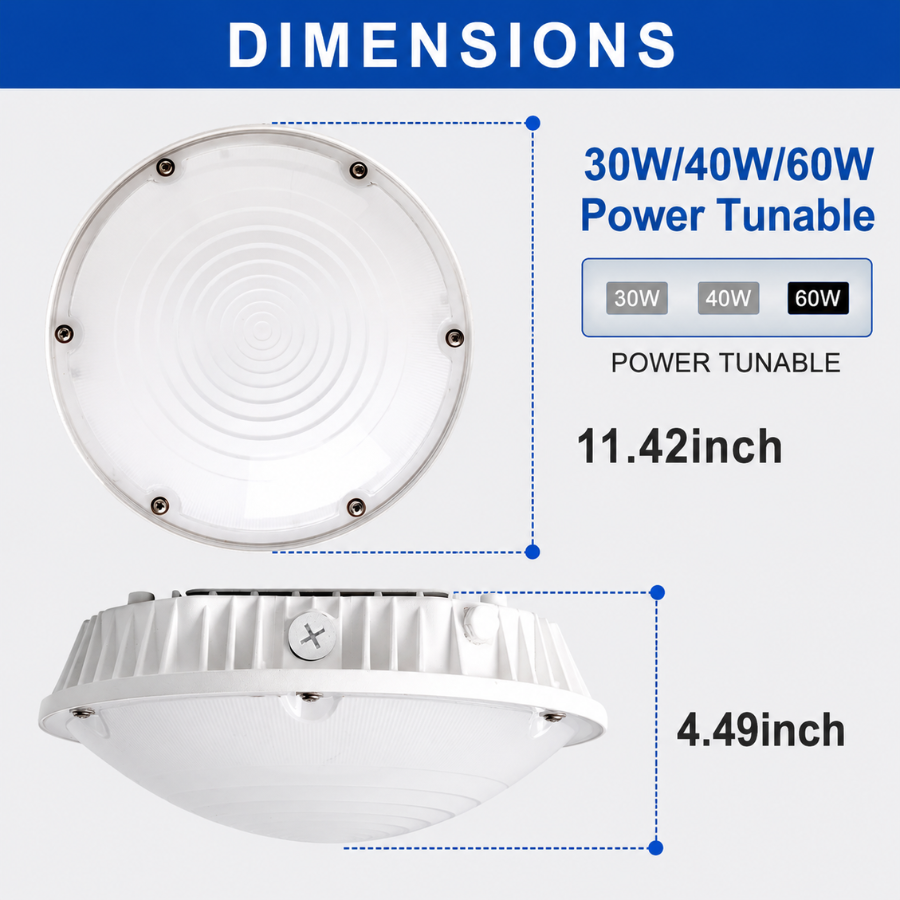 V3 Oval LED Parking Garage Light, 30W/40W/60W Selectable, Up to 9,000 Lumens, 3CCT 3000K/4000K/5000K, Motion Sensor Ready, DLC Premium, 120-277V AC, Commercial LED Garage Ceiling Light, 5-Year Warranty