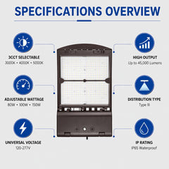 200W/240W/300W Selectable LED Parking Lot Light, Up to 45,000 Lumens, 3000K/4000K/5000K CCT Selectable, Type III Distribution, 120-277V, 1,000W Metal Halide Equivalent, 0-10V Dimmable, IP65 Waterproof, Bronze Housing, UL & DLC Certified, 5-Year Warranty