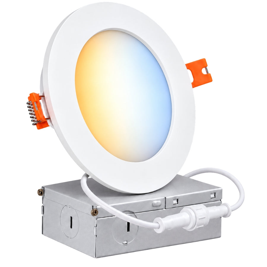 6-Inch Slim LED Recessed Downlight with Junction Box, 5CCT Selectable 2700K/3000K/3500K/4000K/5000K, 12W, 960LM, 120V, TRIAC Dimmable, 90+ CRI, White Aluminum Housing, Ultra-Thin Canless Wafer Design, 120° Beam Angle, ETL & cETL Listed