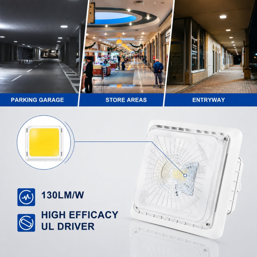 LED Under Canopy Light, 30W/40W/55W Selectable, Up to 7,150 Lumens, 3CCT, 120-277V AC, DLC Premium, IP65 Rated, Commercial Outdoor Ceiling Fixture for Gas Stations, Parking Garages & Soffits, 5-Year Warranty