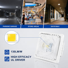LED Under Canopy Light, 30W/40W/55W Selectable, Up to 7,150 Lumens, 3CCT, 120-277V AC, DLC Premium, IP65 Rated, Commercial Outdoor Ceiling Fixture for Gas Stations, Parking Garages & Soffits, 5-Year Warranty