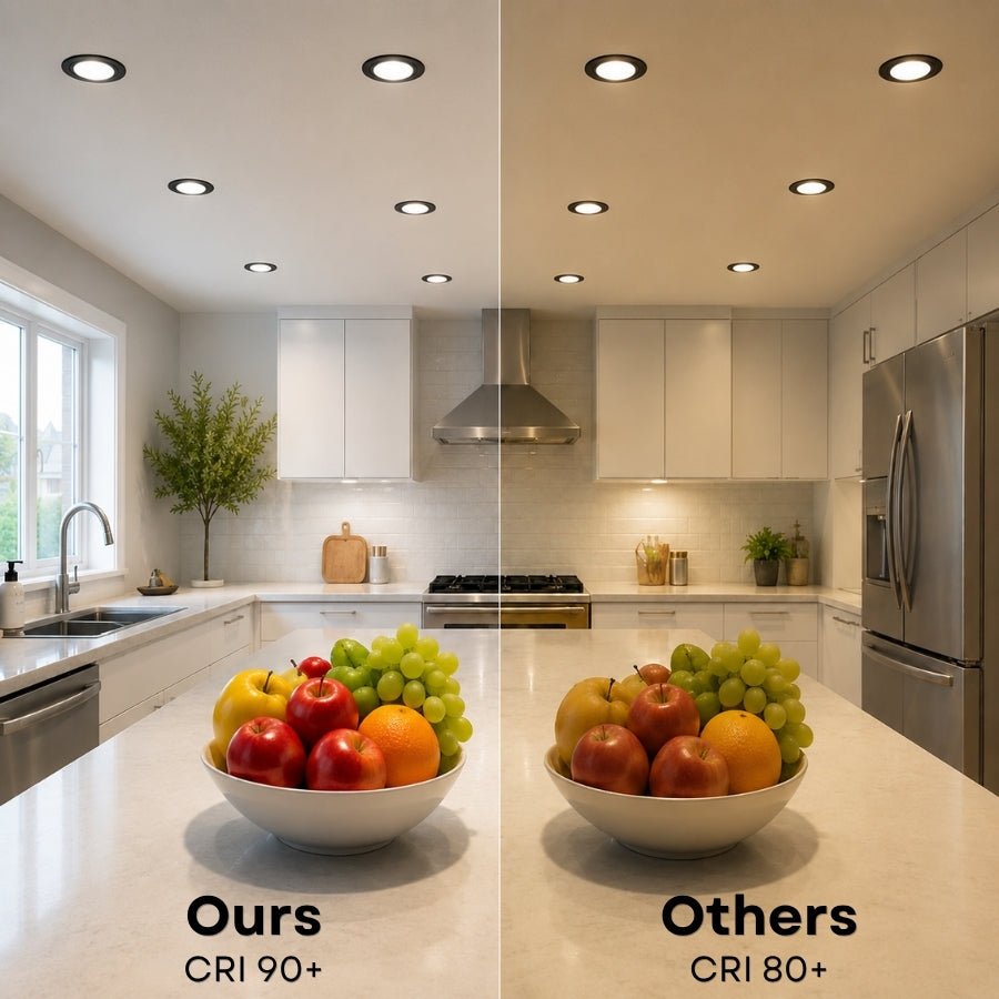 6-Inch Slim LED Recessed Downlight with Junction Box, 5CCT Selectable 2700K/3000K/3500K/4000K/5000K, 12W, 960 Lumens, 120V, TRIAC Dimmable, 90+ CRI, 120° Beam Angle, Black Metal Housing, Ultra-Thin Canless Wafer Design, ETL & cETL Listed