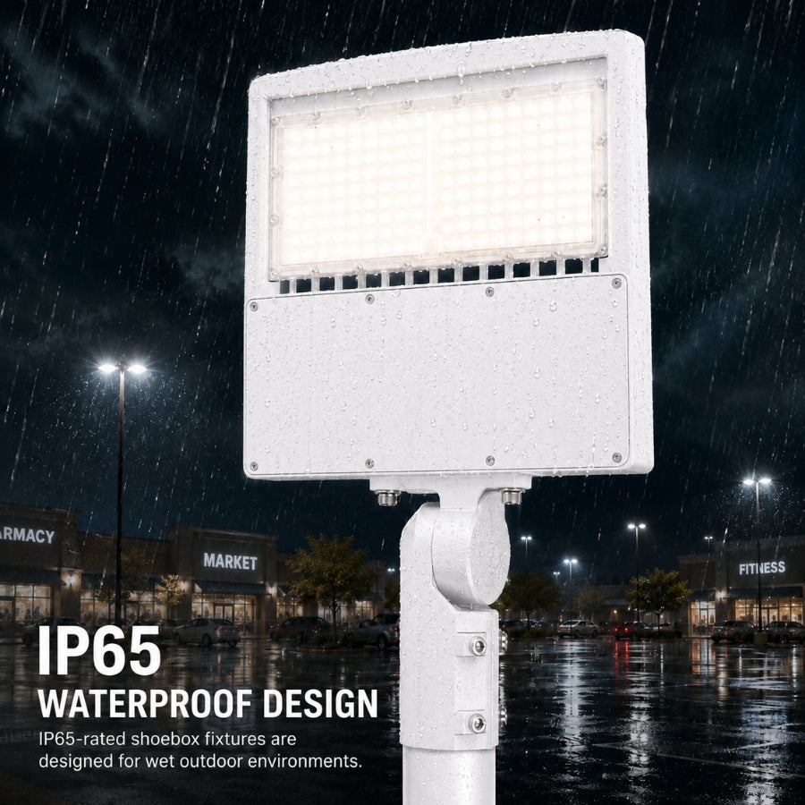 150W LED Parking Lot Light, 21,000 Lumens, 5000K Daylight, Type III/Type V Distribution, 120-277V, 600W Metal Halide Equivalent, Photocell Ready, 0-10V Dimmable, IP65 Waterproof, White Housing, UL & DLC Certified, 5-Year Warranty
