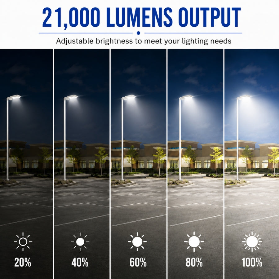 150W LED Parking Lot Light, 21,000 Lumens, 5000K Daylight, Type III/Type V Distribution, 120-277V, 600W Metal Halide Equivalent, Photocell Ready, 0-10V Dimmable, IP65 Waterproof, White Housing, UL & DLC Certified, 5-Year Warranty