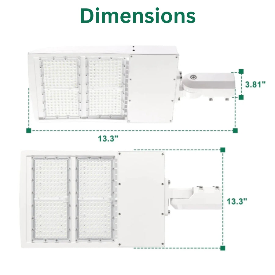 300W LED Parking Lot Light, 42,000 Lumens, 5000K Daylight, Type III/Type V Distribution, 277-480V, 1,000W Metal Halide Equivalent, Photocell Ready, 0-10V Dimmable, IP65 Waterproof, White Housing, UL & DLC Certified, 5-Year Warranty