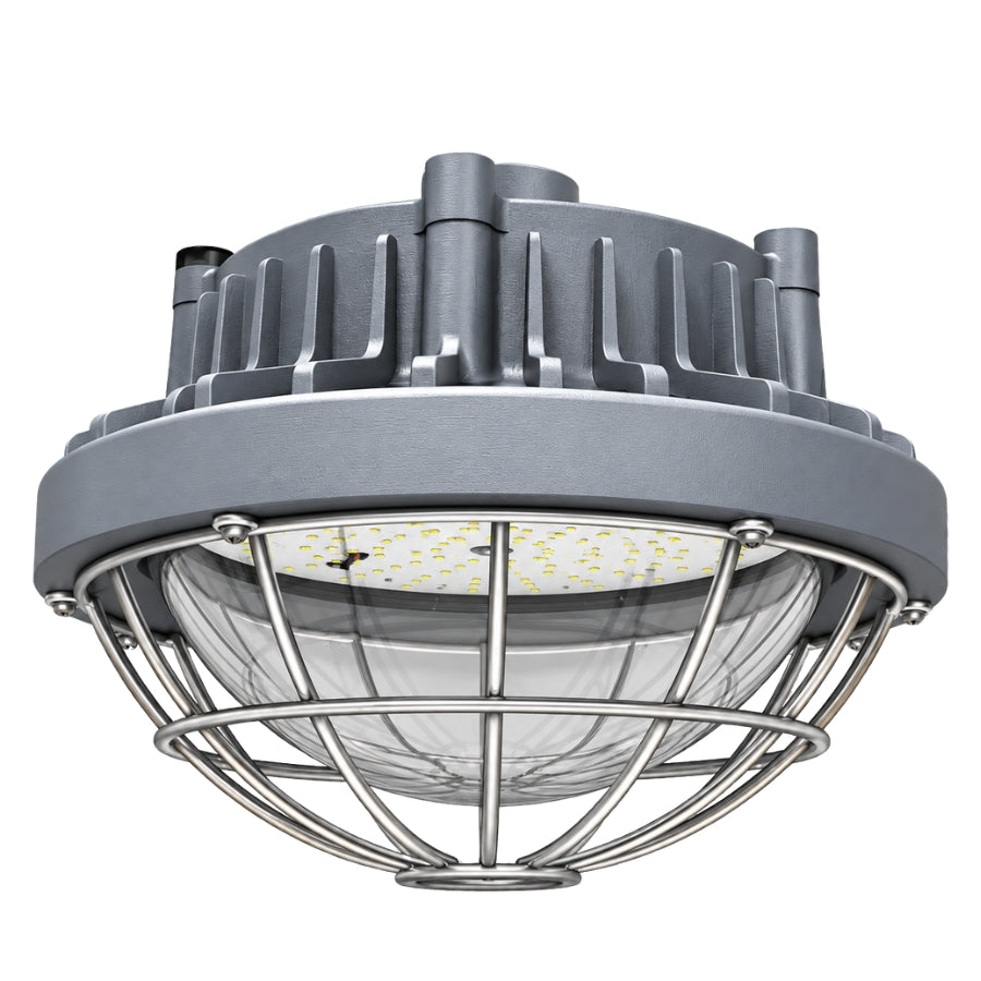80W Round LED Explosion Proof Low Bay Light, Class I Division 2, Groups A/B/C/D, Class II Division 2, 5000K, 10,400 Lumens, 120-277V AC, 130LM/W, IP66, UL/CUL Listed, DLC Listed, 180° Beam Angle, Hazardous Location
