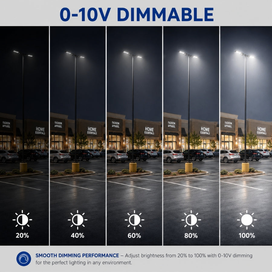 200W/240W/300W Selectable LED Parking Lot Light, Up to 45,000 Lumens, 3000K/4000K/5000K CCT Selectable, Type III Distribution, 120-277V, 1,000W Metal Halide Equivalent, 0-10V Dimmable, IP65 Waterproof, Bronze Housing, UL & DLC Certified, 5-Year Warranty