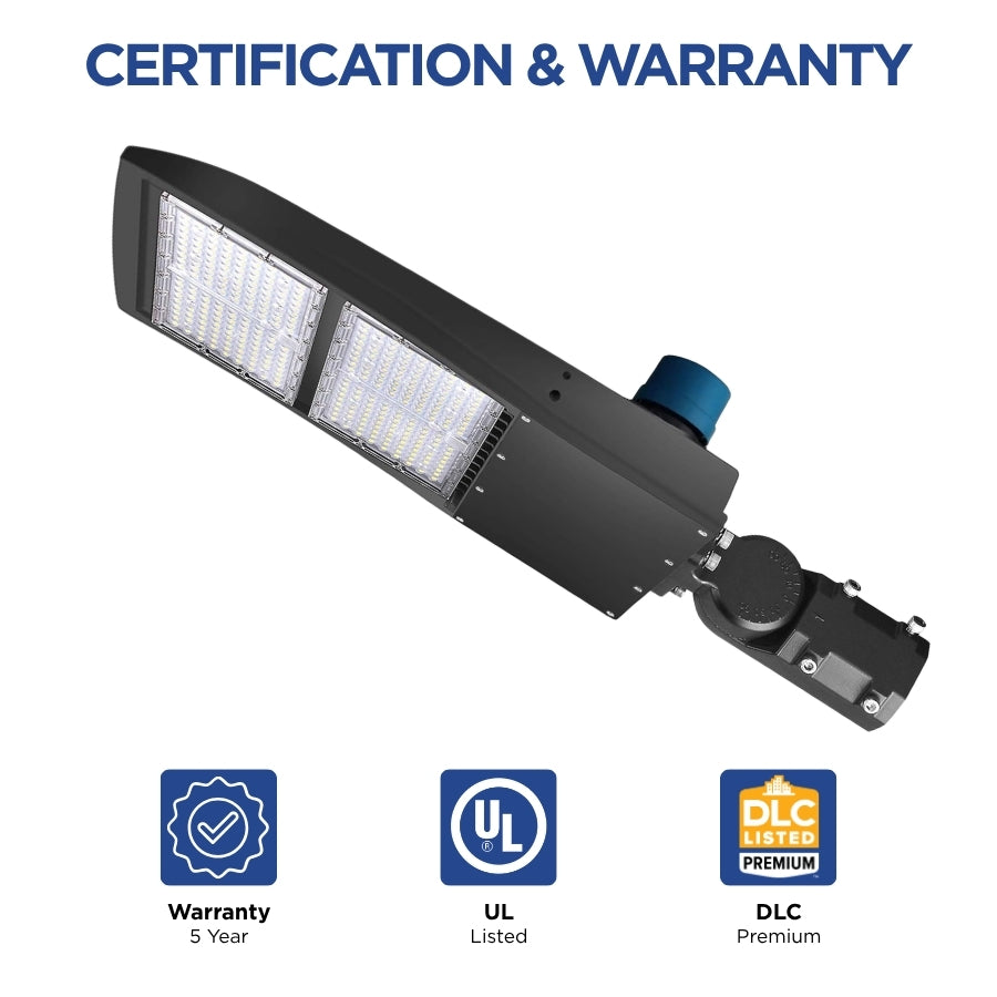 200W/240W/300W Selectable LED Parking Lot Light with Photocell, Up to 39,000 Lumens, 130 LM/W, 1,000W Metal Halide Equivalent, 100-277V, 0-10V Dimmable, Bronze Shoebox Area Light, Slipfitter/Arm Mount/Yoke Bracket, UL Listed