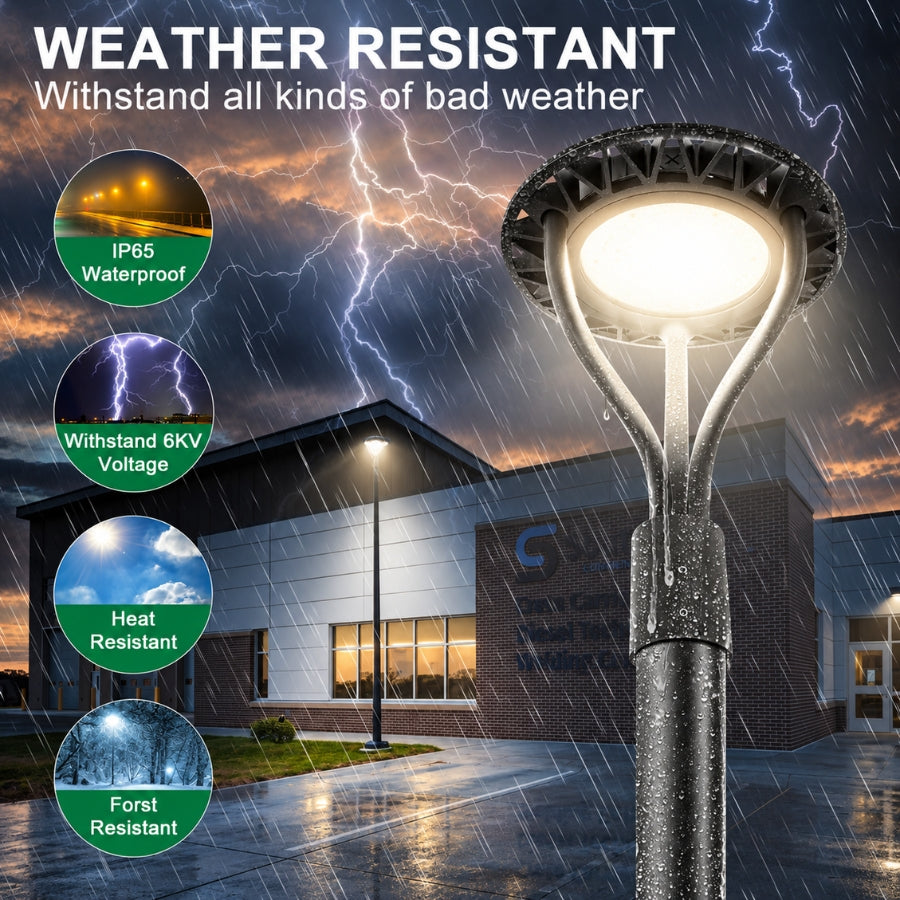 80W/100W/120W/150W CCT & Wattage Tunable Post Top LED Light, 3CCT 3000K/4000K/5000K, 130 LM/W, 120-277V AC, Built-In Photocell, 120° Beam, ETL/cETL & DLC Certified, IP65, 5-Year Warranty, Black Housing