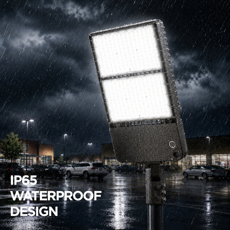 500W Max LED Shoebox Parking Lot Light, Up to 80,000 Lumens, 160 LM/W, 3000K/4000K/5000K CCT Selectable, Type III Distribution, 100-277V, 0-10V Dimmable, 1500W Metal Halide Equivalent, Bronze Housing, Slipfitter Mount, IP65, UL & DLC Certified