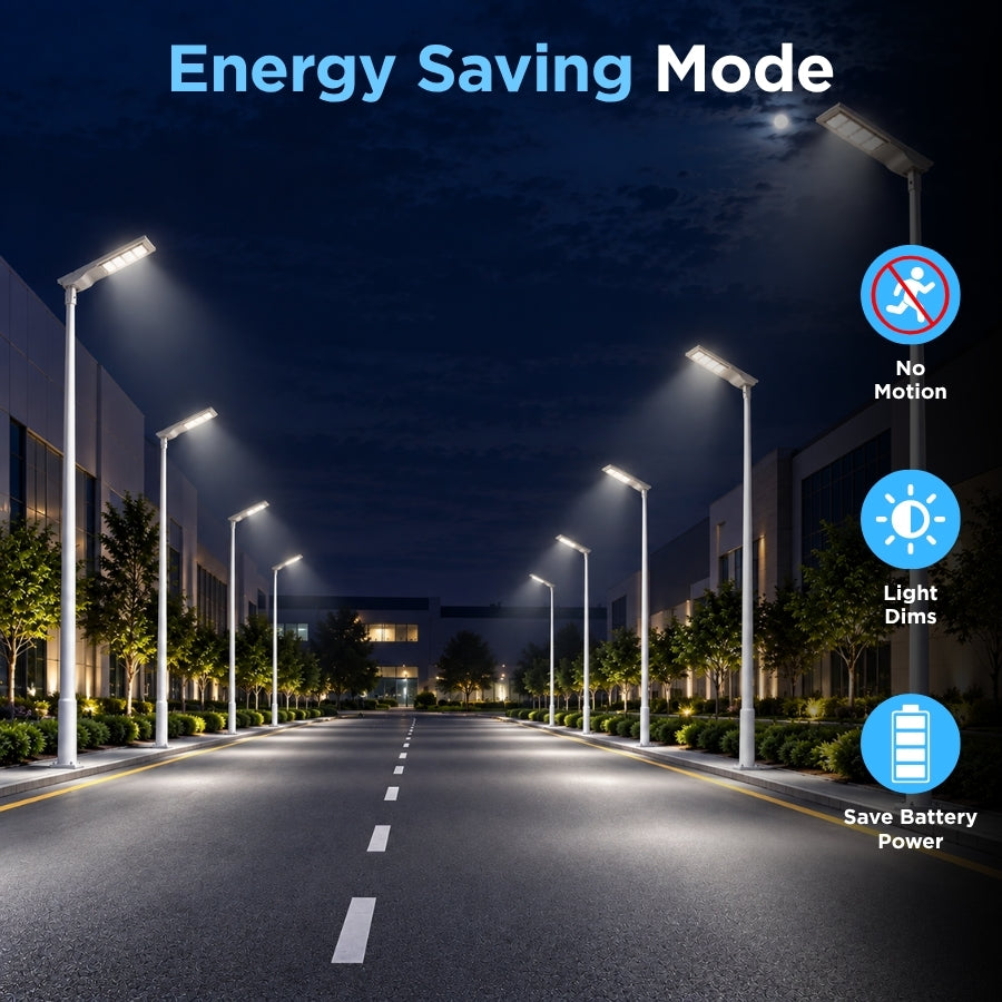 100W Solar LED Street Light, 10,000 Lumens, 5700K, LUXEON 3030 LEDs, 6V Monocrystalline Solar Panel, LiFePO4 Battery, Motion Sensor, Dusk-to-Dawn Light Control, 150°×65° Beam, IP66, Aluminum Housing, 60/76mm Pole Mount, 6-8M Mounting Height, Grey