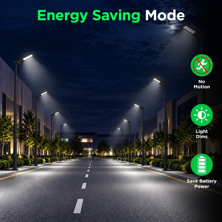100W Solar LED Street Light, 10,000 Lumens, 5700K, LUXEON 3030 LEDs, 6V Monocrystalline Solar Panel, LiFePO4 Battery, Motion Sensor, Dusk-to-Dawn Light Control, 150°×65° Beam, IP66, Aluminum Housing, 60/76mm Pole Mount, 6-8M Mounting Height, Black