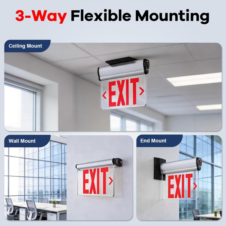 Edge-Lit LED Exit Sign with Emergency Battery Backup, Single-Face Red, Hardwired 120-277V AC, 120-Minute Emergency Runtime, Wall/Ceiling/Side Mount, Commercial Emergency Exit Lighting