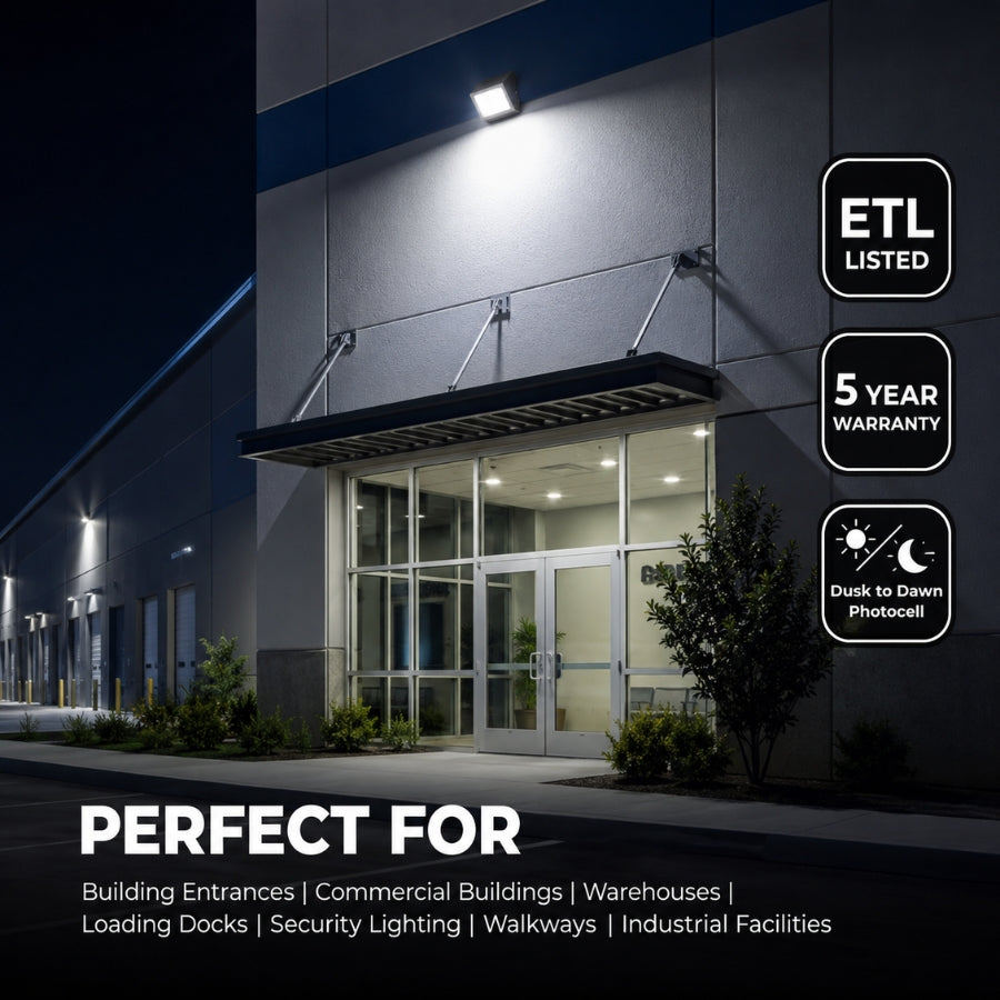 100W Semi-Cutoff LED Wall Pack Light, 13,000 Lumens, 400W Metal Halide Equivalent, 3000K/4000K/5000K CCT Selectable, Built-In Dusk-to-Dawn Photocell, 120-277V, 5-Year Warranty