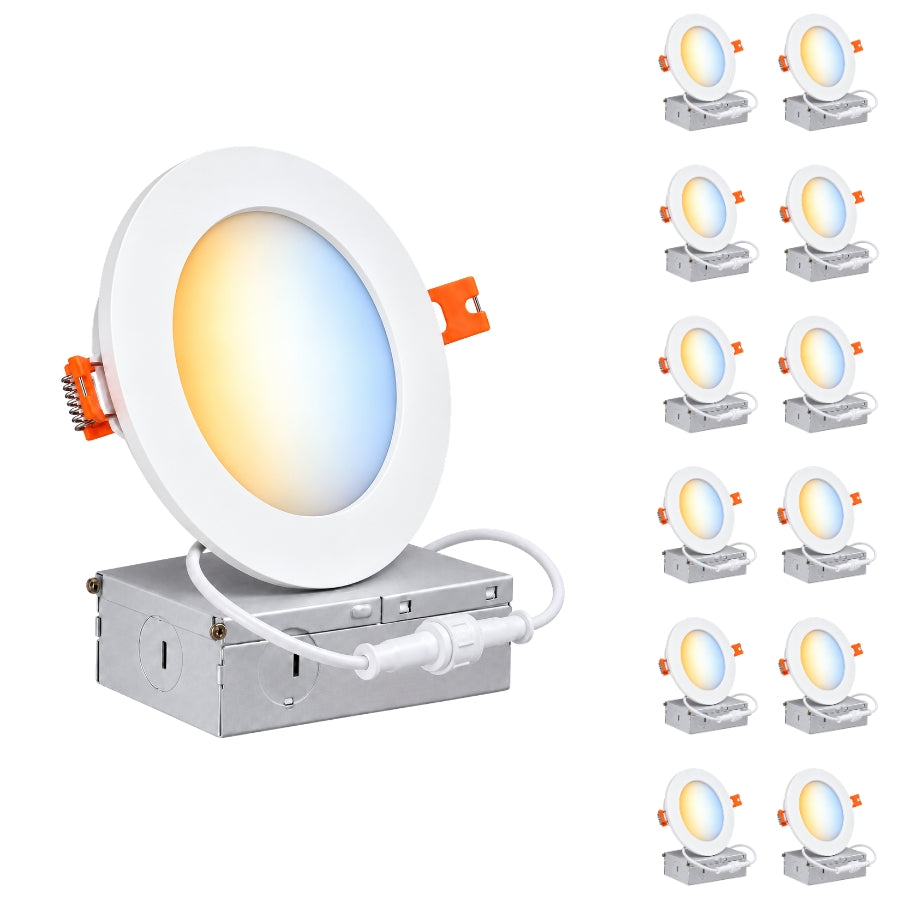 6-Inch Slim LED Recessed Downlight with Junction Box, 5CCT Selectable 2700K/3000K/3500K/4000K/5000K, 12W, 960LM, 120V, TRIAC Dimmable, 90+ CRI, White Aluminum Housing, Ultra-Thin Canless Wafer Design, 120° Beam Angle, ETL & cETL Listed