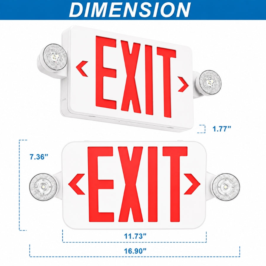 Red LED Exit Sign with Emergency Lights & Battery Backup, 120-277V AC, Wall/Ceiling Mount, Dual Adjustable LED Heads, 90-Minute Emergency Backup, Fire-Resistant Housing, UL 924 Listed, Commercial Emergency Lighting