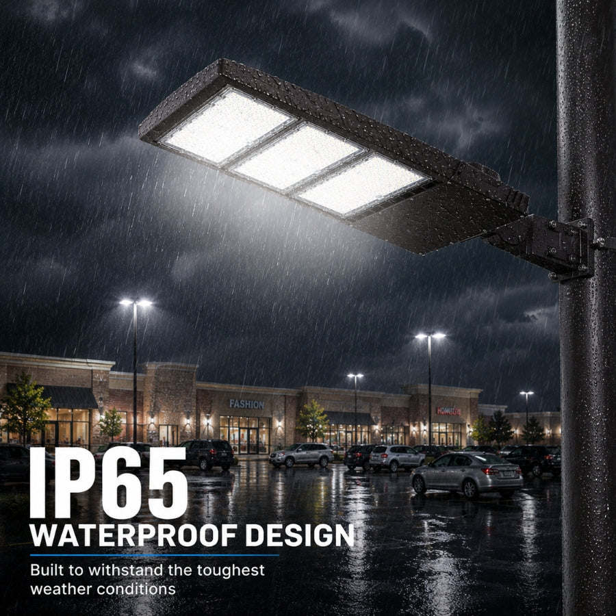 450W LED Shoebox Parking Lot Light, 58,500 Lumens, 1,500W Metal Halide Equivalent, 3000K/4000K/5000K CCT Selectable, Type III Distribution, 100-277V AC, 0-10V Dimmable, Bronze Housing, Slipfitter Mount, IP65, UL & DLC Certified