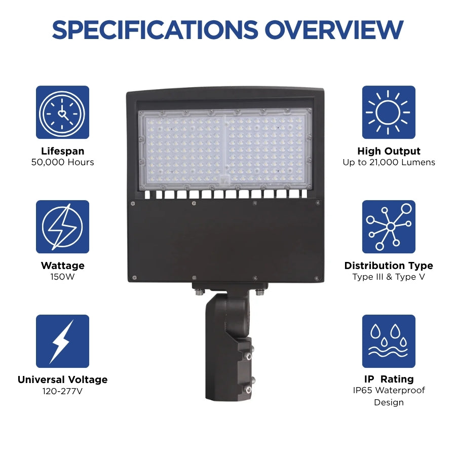 80W/100W/150W Selectable LED Parking Lot Light, Up to 21,000 Lumens, 5000K Daylight, Type III Distribution, 120-277V, 600W Metal Halide Equivalent, 0-10V Dimmable, IP65 Waterproof, Bronze Housing, UL & DLC Certified, 5-Year Warranty