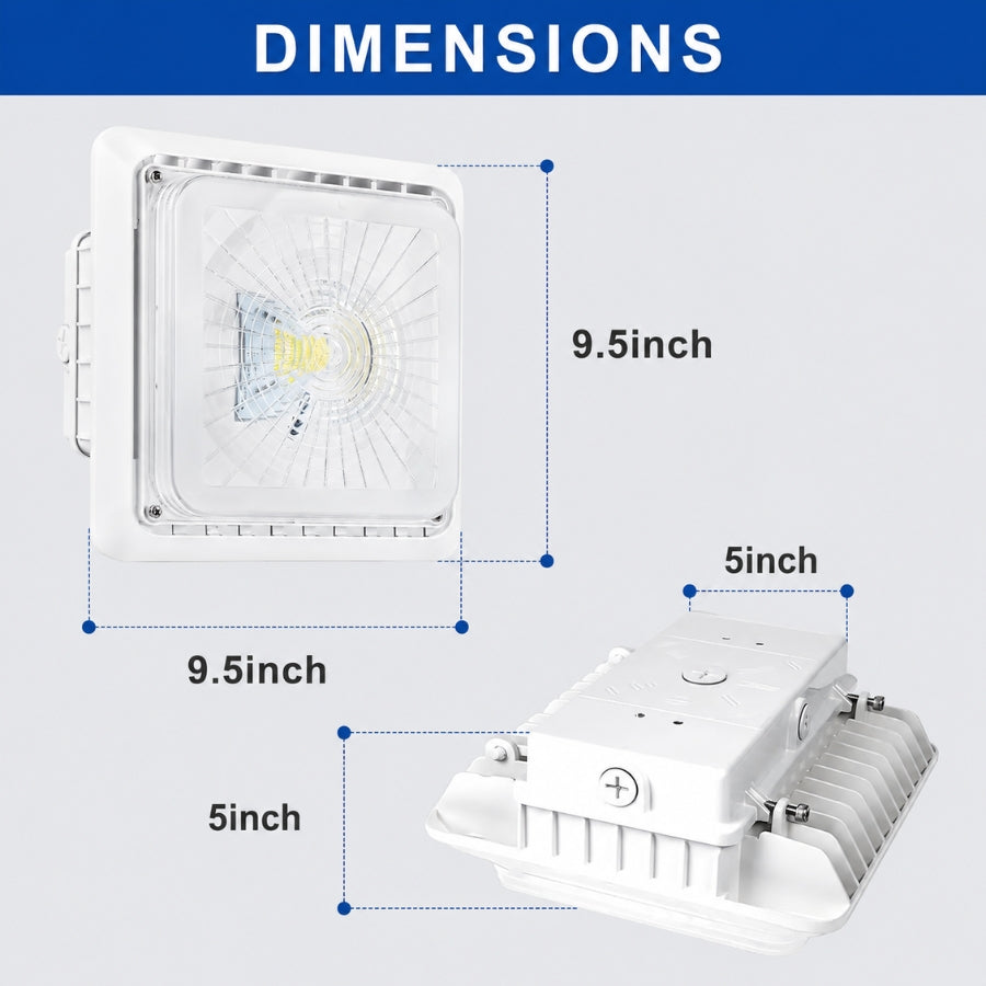 LED Under Canopy Light, 30W/40W/55W Selectable, Up to 7,150 Lumens, 3CCT, 120-277V AC, DLC Premium, IP65 Rated, Commercial Outdoor Ceiling Fixture for Gas Stations, Parking Garages & Soffits, 5-Year Warranty