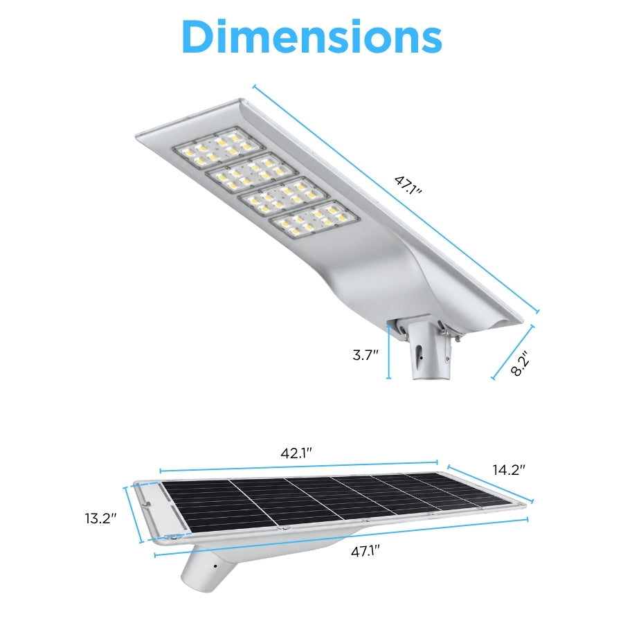 100W Solar LED Street Light, 10,000 Lumens, 5700K, LUXEON 3030 LEDs, 6V Monocrystalline Solar Panel, LiFePO4 Battery, Motion Sensor, Dusk-to-Dawn Light Control, 150°×65° Beam, IP66, Aluminum Housing, 60/76mm Pole Mount, 6-8M Mounting Height, Grey