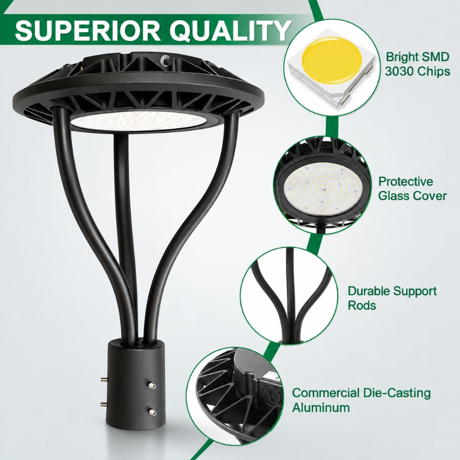 80W/100W/120W/150W CCT & Wattage Tunable Post Top LED Light, 3CCT 3000K/4000K/5000K, 130 LM/W, 120-277V AC, Built-In Photocell, 120° Beam, ETL/cETL & DLC Certified, IP65, 5-Year Warranty, Black Housing
