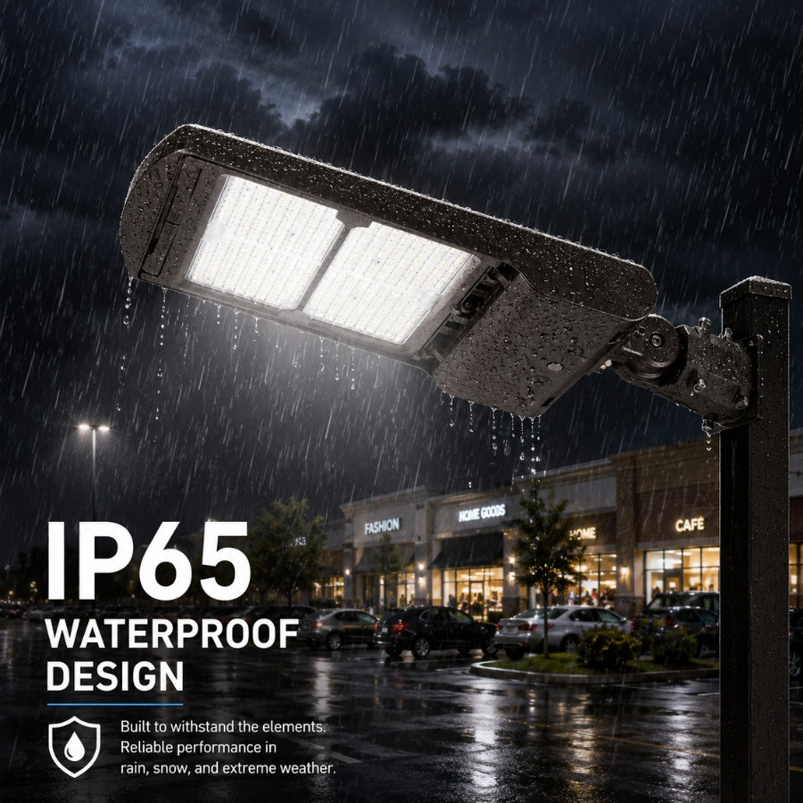 200W/240W/300W Selectable LED Parking Lot Light, Up to 45,000 Lumens, 3000K/4000K/5000K CCT Selectable, Type III Distribution, 120-277V, 1,000W Metal Halide Equivalent, 0-10V Dimmable, IP65 Waterproof, Bronze Housing, UL & DLC Certified, 5-Year Warranty