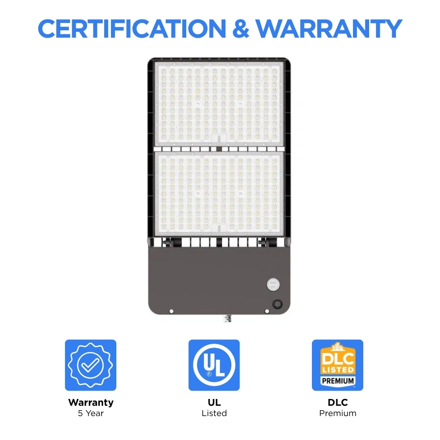 500W Max LED Shoebox Parking Lot Light, Up to 80,000 Lumens, 160 LM/W, 3000K/4000K/5000K CCT Selectable, Type III Distribution, 100-277V, 0-10V Dimmable, 1500W Metal Halide Equivalent, Bronze Housing, Slipfitter Mount, IP65, UL & DLC Certified