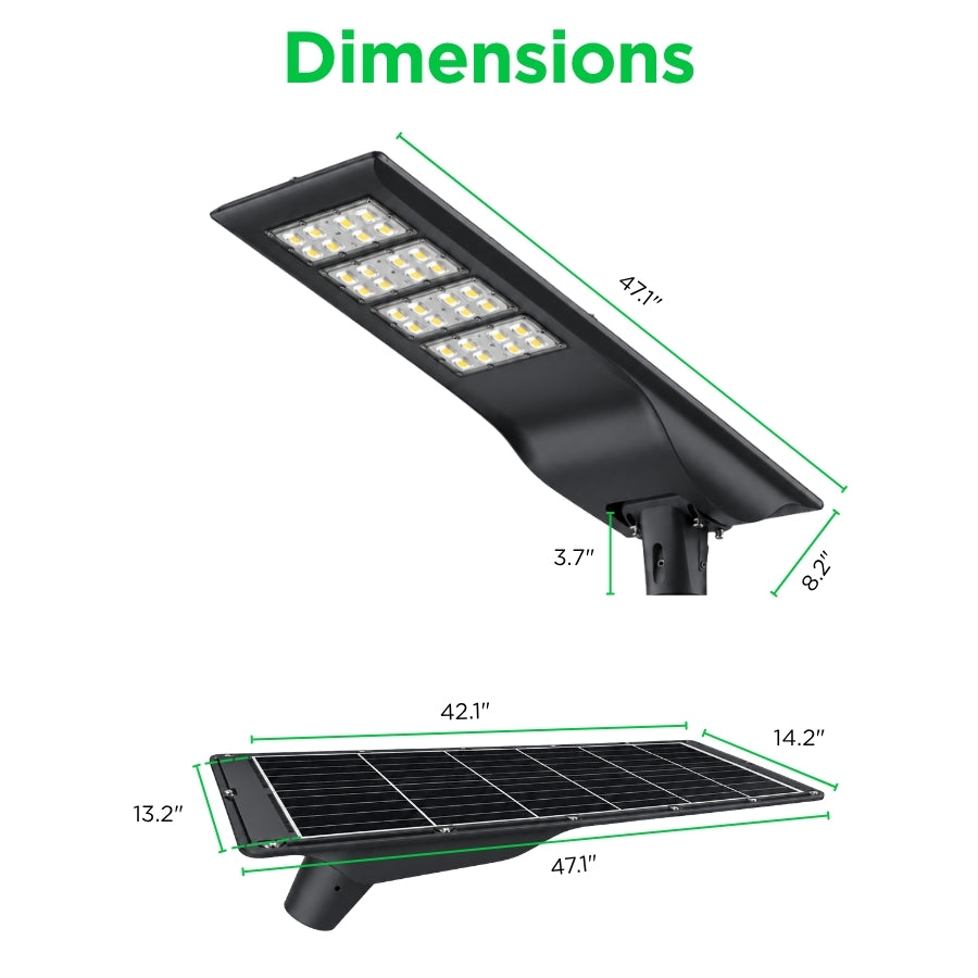 100W Solar LED Street Light, 10,000 Lumens, 5700K, LUXEON 3030 LEDs, 6V Monocrystalline Solar Panel, LiFePO4 Battery, Motion Sensor, Dusk-to-Dawn Light Control, 150°×65° Beam, IP66, Aluminum Housing, 60/76mm Pole Mount, 6-8M Mounting Height, Black
