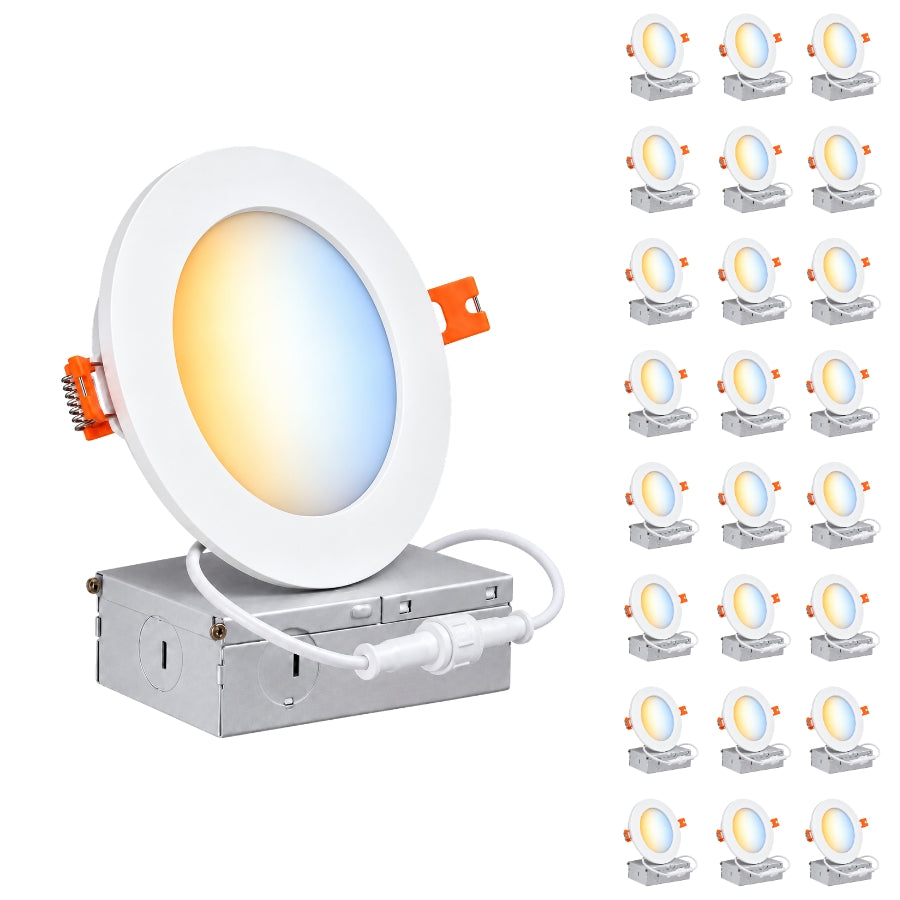 6-Inch Slim LED Recessed Downlight with Junction Box, 5CCT Selectable 2700K/3000K/3500K/4000K/5000K, 12W, 960LM, 120V, TRIAC Dimmable, 90+ CRI, White Aluminum Housing, Ultra-Thin Canless Wafer Design, 120° Beam Angle, ETL & cETL Listed