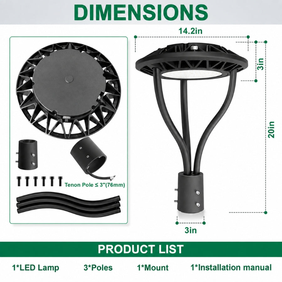 80W/100W/120W/150W CCT & Wattage Tunable Post Top LED Light, 3CCT 3000K/4000K/5000K, 130 LM/W, 120-277V AC, Built-In Photocell, 120° Beam, ETL/cETL & DLC Certified, IP65, 5-Year Warranty, Black Housing