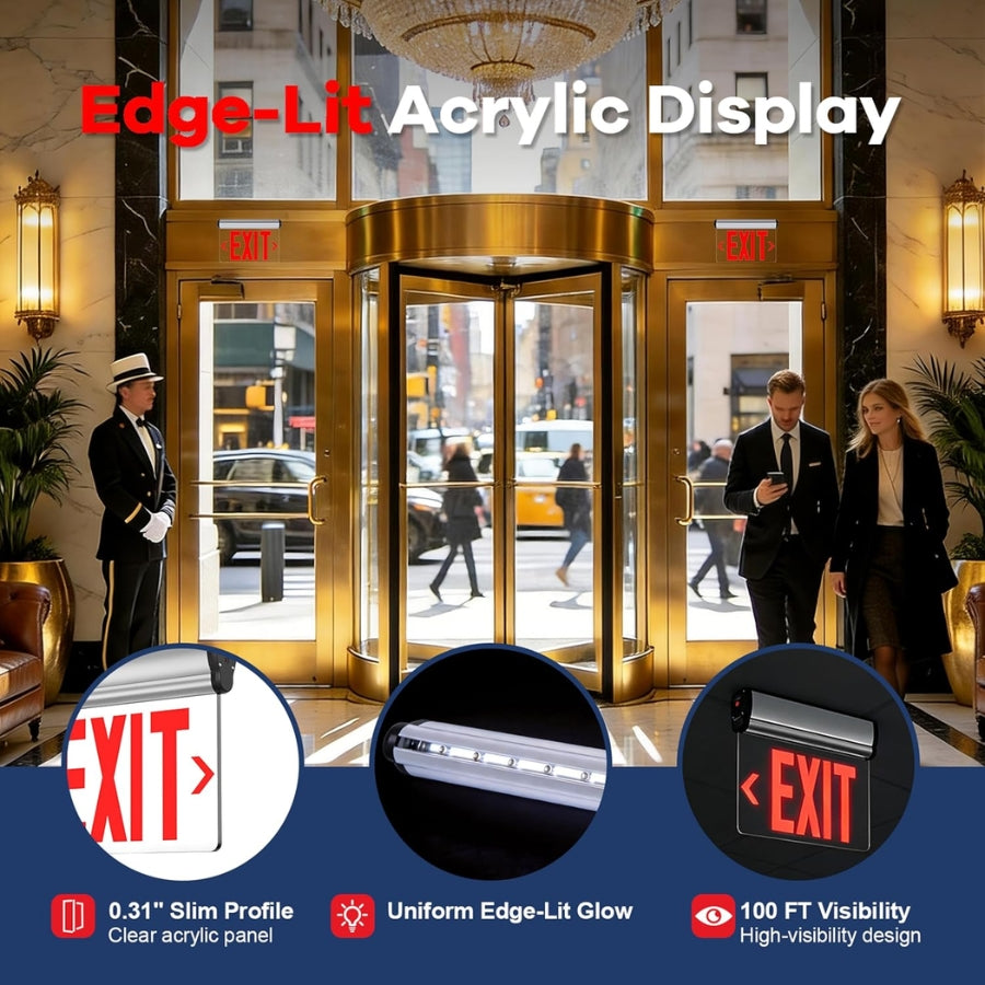 Edge-Lit LED Exit Sign with Emergency Battery Backup, Single-Face Red, Hardwired 120-277V AC, 120-Minute Emergency Runtime, Wall/Ceiling/Side Mount, Commercial Emergency Exit Lighting