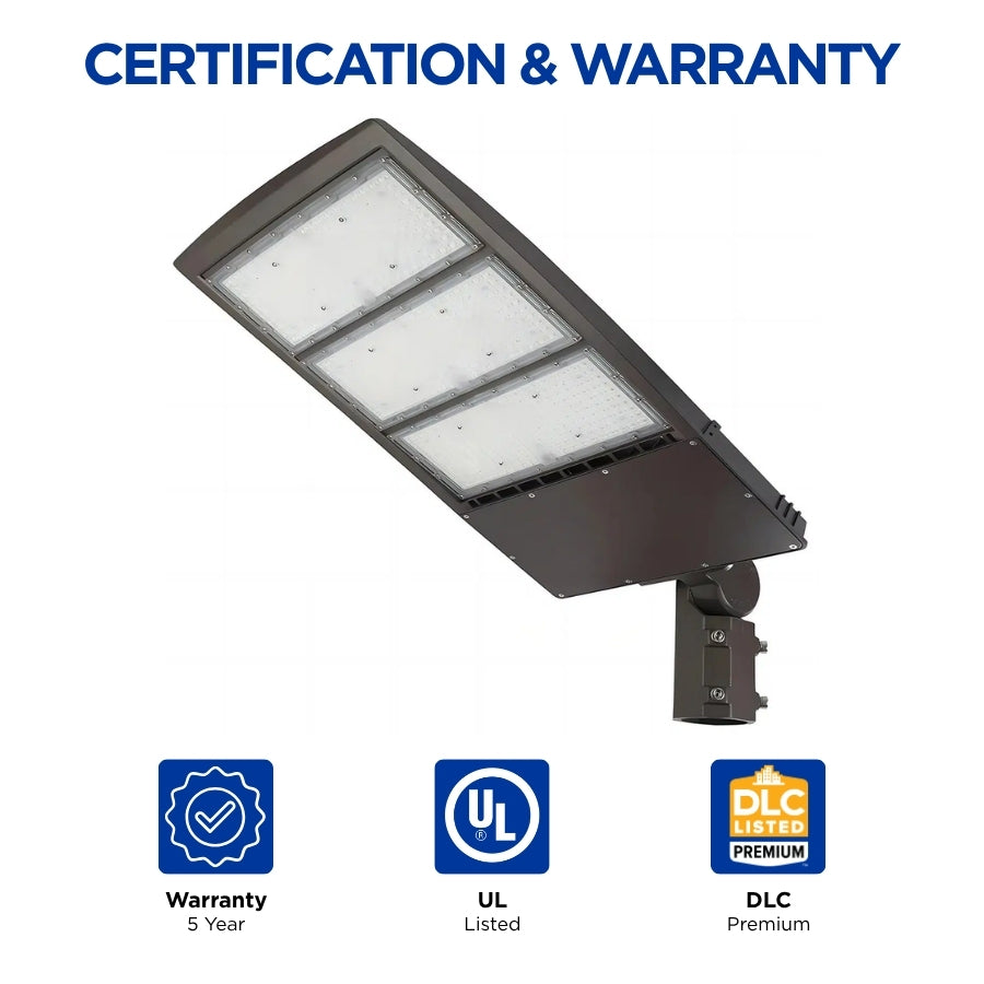 450W LED Shoebox Parking Lot Light, 58,500 Lumens, 1,500W Metal Halide Equivalent, 3000K/4000K/5000K CCT Selectable, Type III Distribution, 100-277V AC, 0-10V Dimmable, Bronze Housing, Slipfitter Mount, IP65, UL & DLC Certified