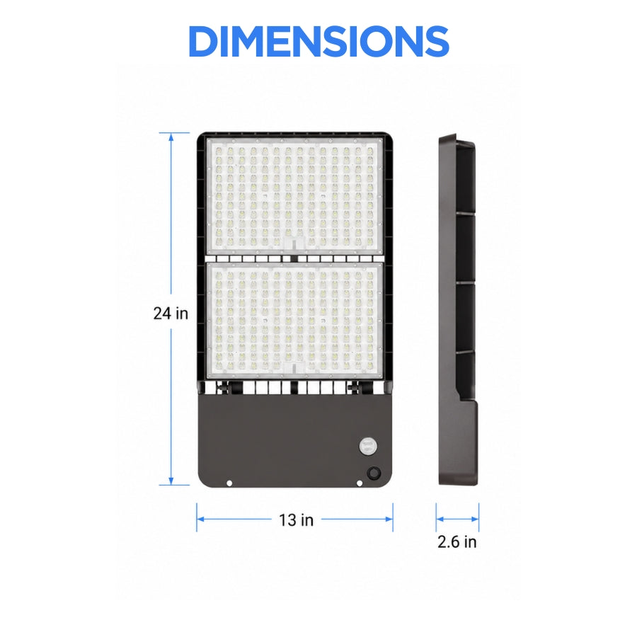 500W Max LED Shoebox Parking Lot Light, Up to 80,000 Lumens, 160 LM/W, 3000K/4000K/5000K CCT Selectable, Type III Distribution, 100-277V, 0-10V Dimmable, 1500W Metal Halide Equivalent, Bronze Housing, Slipfitter Mount, IP65, UL & DLC Certified