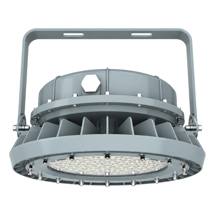 150W LED Explosion Proof Round Light, Class I Division 2, 19,500 Lumens, 5000K, 120-277V AC, 0-10V Dimmable, 120° Beam, Copper-Free Aluminum Housing, Tempered Glass Lens, IP66, Hazardous Location Lighting Fixture