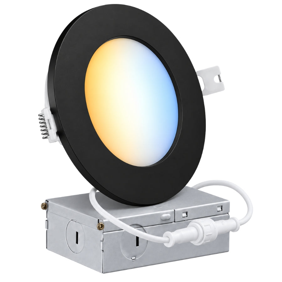 4-Inch Slim LED Recessed Downlight with Junction Box, 5CCT Selectable 2700K/3000K/3500K/4000K/5000K, 9W, 720 Lumens, 120V, TRIAC Dimmable, 90+ CRI, 120° Beam Angle, Black Metal Housing, Ultra-Thin Canless Wafer Design, ETL & cETL Listed